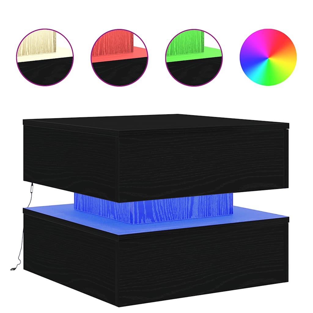 vidaXL Coffee Table with LED Lights Black Oak 50x50x40 cm