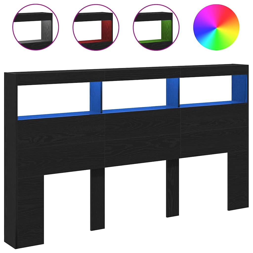 vidaXL Headboard Cabinet with LED Black Oak 180x17x102 cm