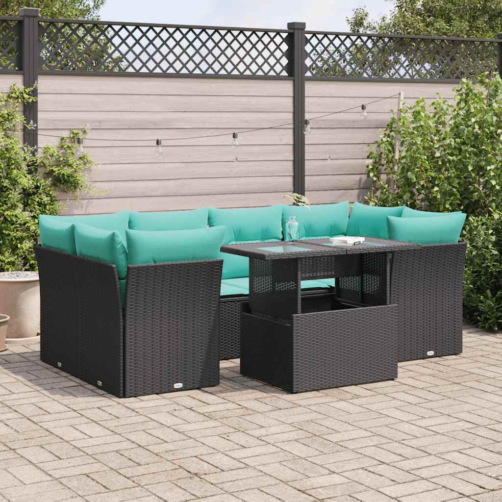 vidaXL 7 Piece Garden Sofa Set with Cushions Black Poly Rattan Acacia