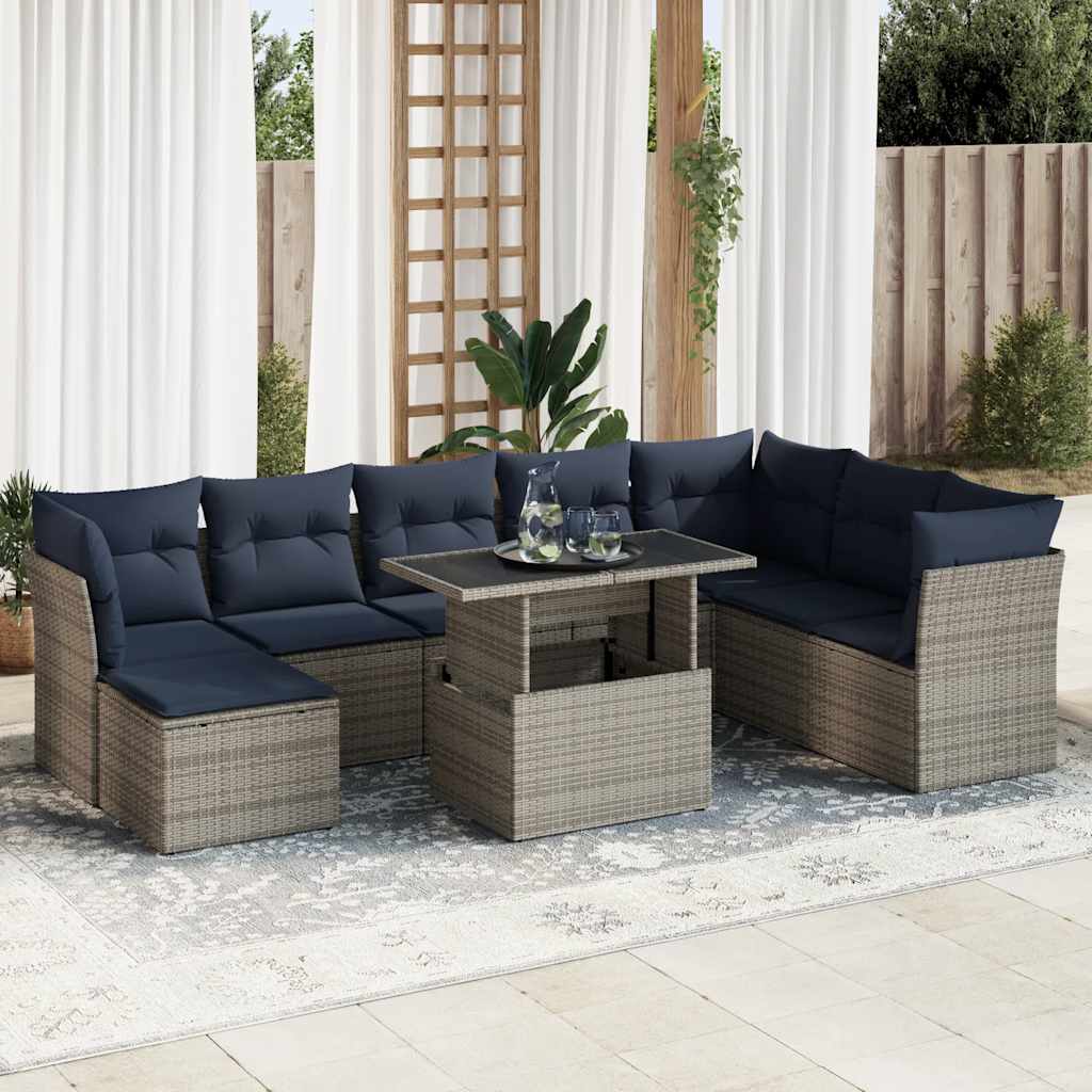 vidaXL 9 Piece Garden Sofa Set with Cushions Grey Poly Rattan Acacia