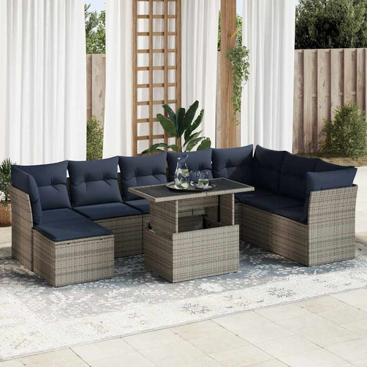vidaXL 9 Piece Garden Sofa Set with Cushions Grey Poly Rattan Acacia