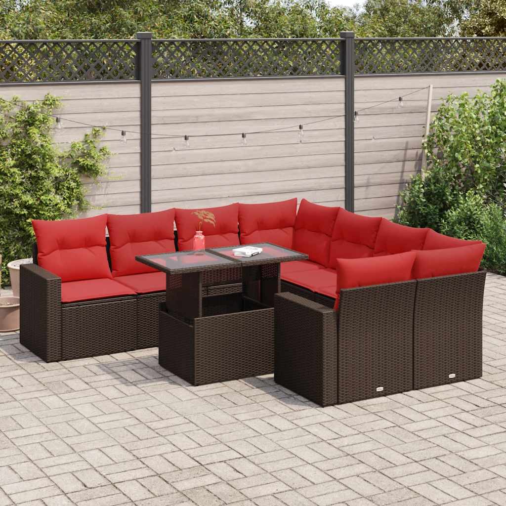 vidaXL 9 Piece Garden Sofa Set with Cushions Brown Poly Rattan Acacia