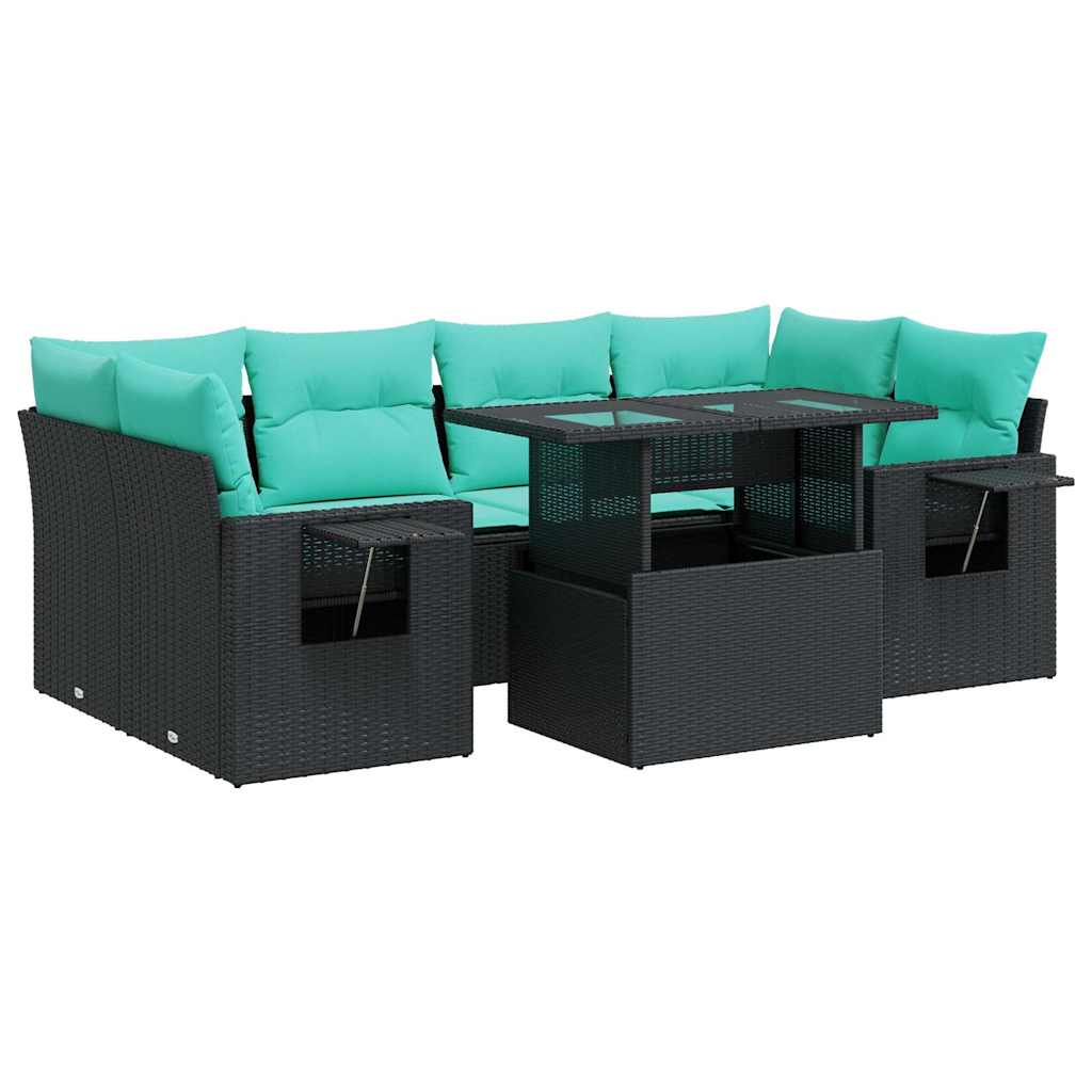 vidaXL 7 Piece Garden Sofa Set with Cushions Black Poly Rattan Acacia