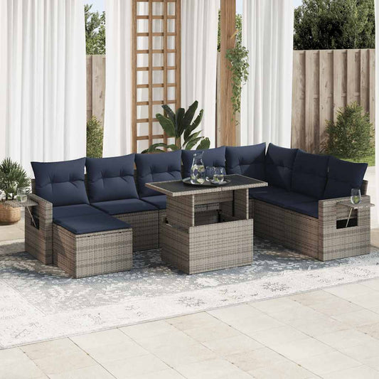 vidaXL 9 Piece Garden Sofa Set with Cushions Grey Poly Rattan Acacia
