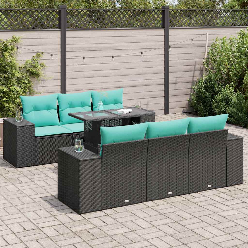 vidaXL 7 Piece Garden Sofa Set with Cushions Black Poly Rattan Acacia