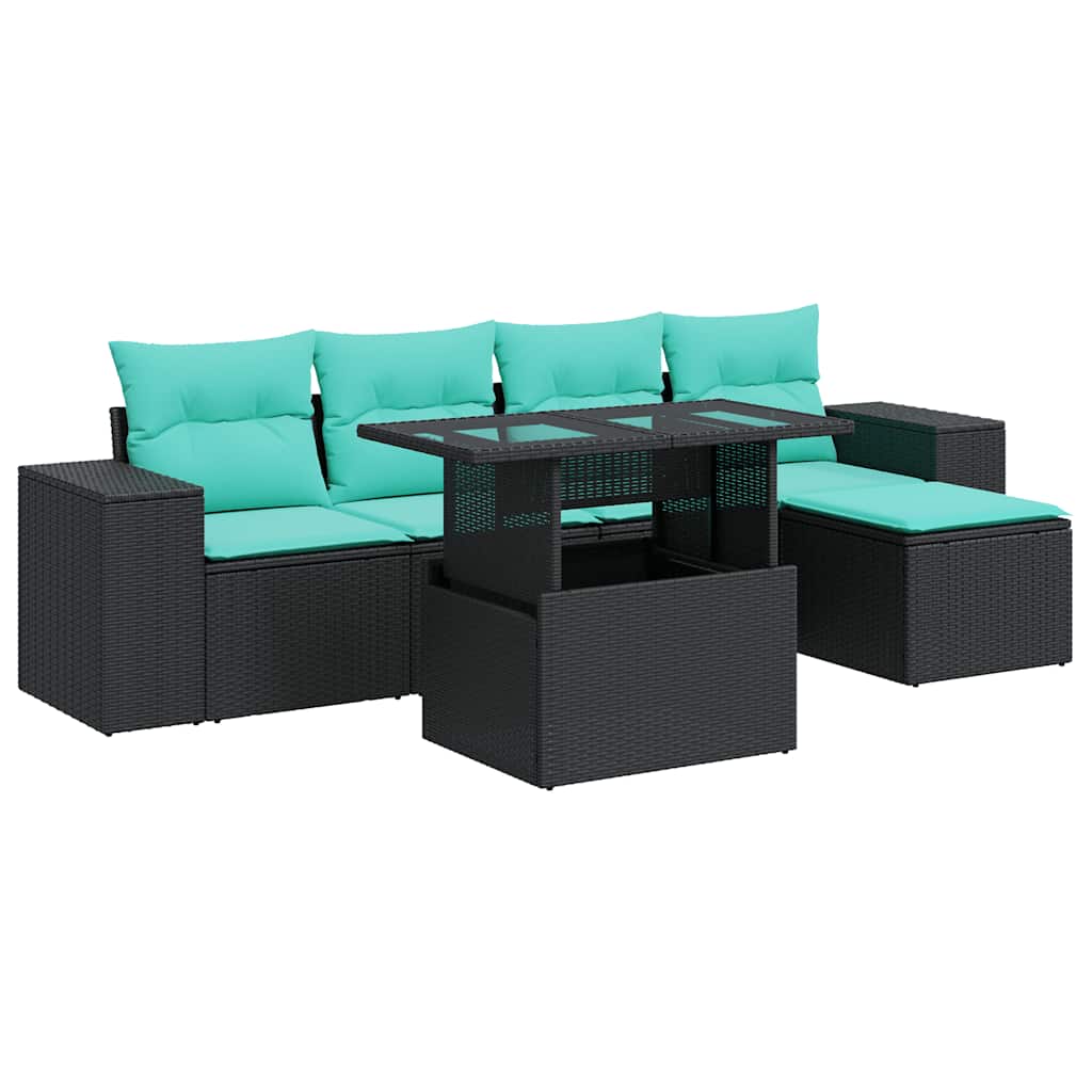 vidaXL 6 Piece Garden Sofa Set with Cushions Black Poly Rattan Acacia