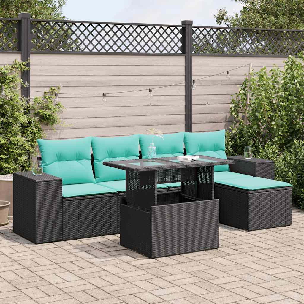 vidaXL 6 Piece Garden Sofa Set with Cushions Black Poly Rattan Acacia