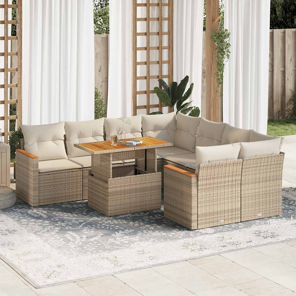 vidaXL 9 Piece Garden Sofa Set with Cushions Beige Poly Rattan Acacia