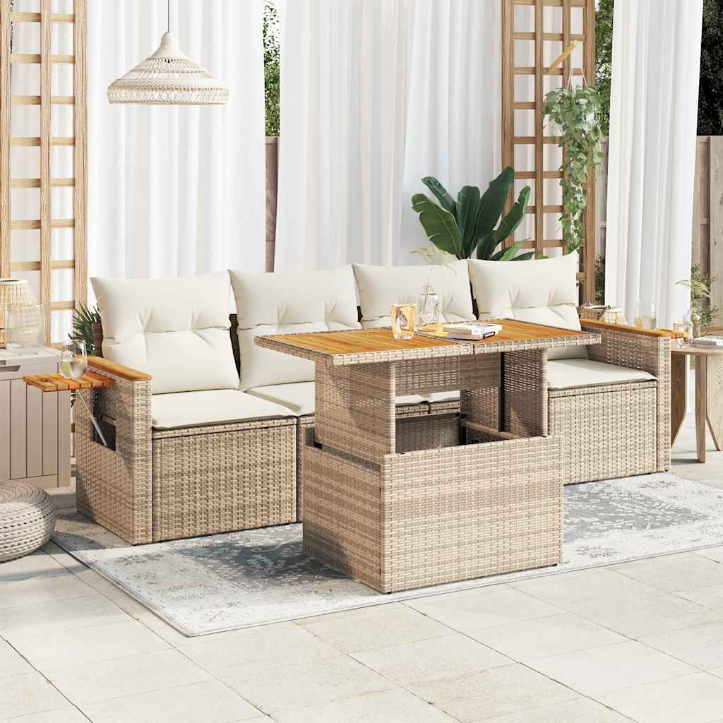 vidaXL 5 Piece Garden Sofa Set with Cushions Beige Poly Rattan Acacia