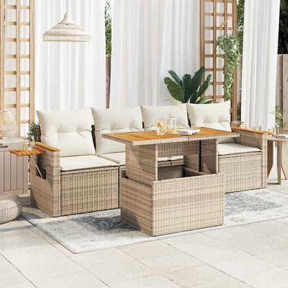 vidaXL 5 Piece Garden Sofa Set with Cushions Beige Poly Rattan Acacia