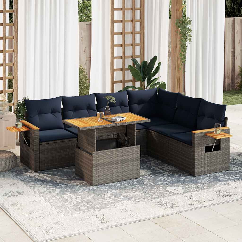 vidaXL 7 Piece Garden Sofa Set with Cushions Grey Poly Rattan Acacia