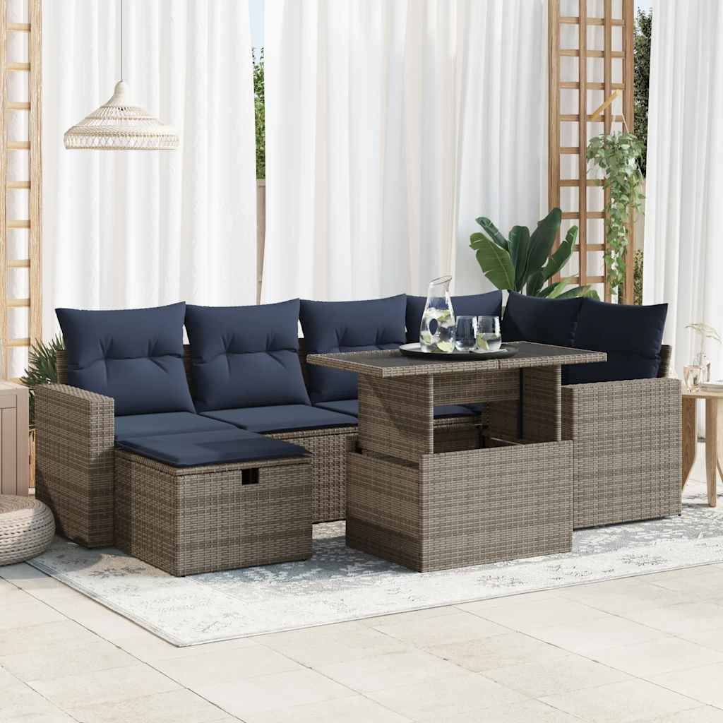 vidaXL 7 Piece Garden Sofa Set with Cushions Grey Poly Rattan Acacia