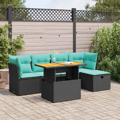 vidaXL 6 Piece Garden Sofa Set with Cushions Black Poly Rattan Acacia