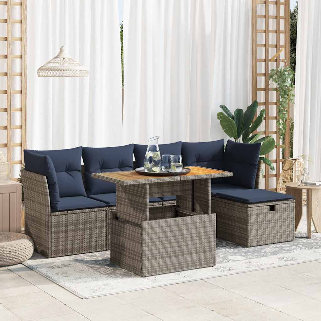 vidaXL 6 Piece Garden Sofa Set with Cushions Grey Poly Rattan Acacia