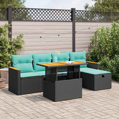 vidaXL 6 Piece Garden Sofa Set with Cushions Black Poly Rattan Acacia