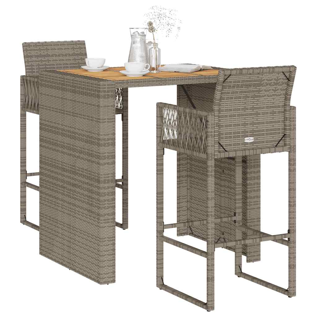 vidaXL 3 Piece Garden Bar Set without Cushions Grey Poly Rattan Acacia