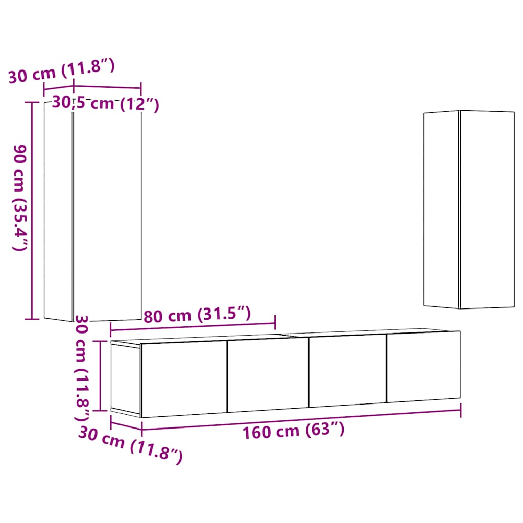 vidaXL Wall Mounted TV cabinets 4 pcs Old Wood Engineered Wood