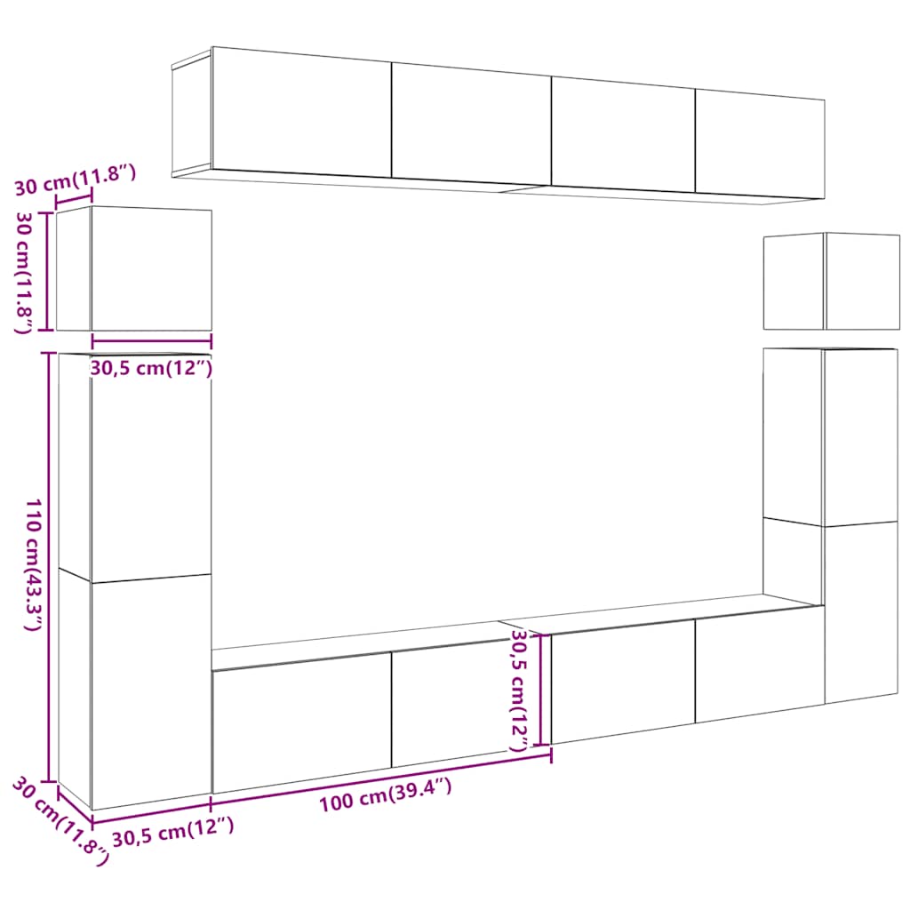 vidaXL 8 Piece TV Cabinet Set Wall-mounted Old Wood Engineered Wood