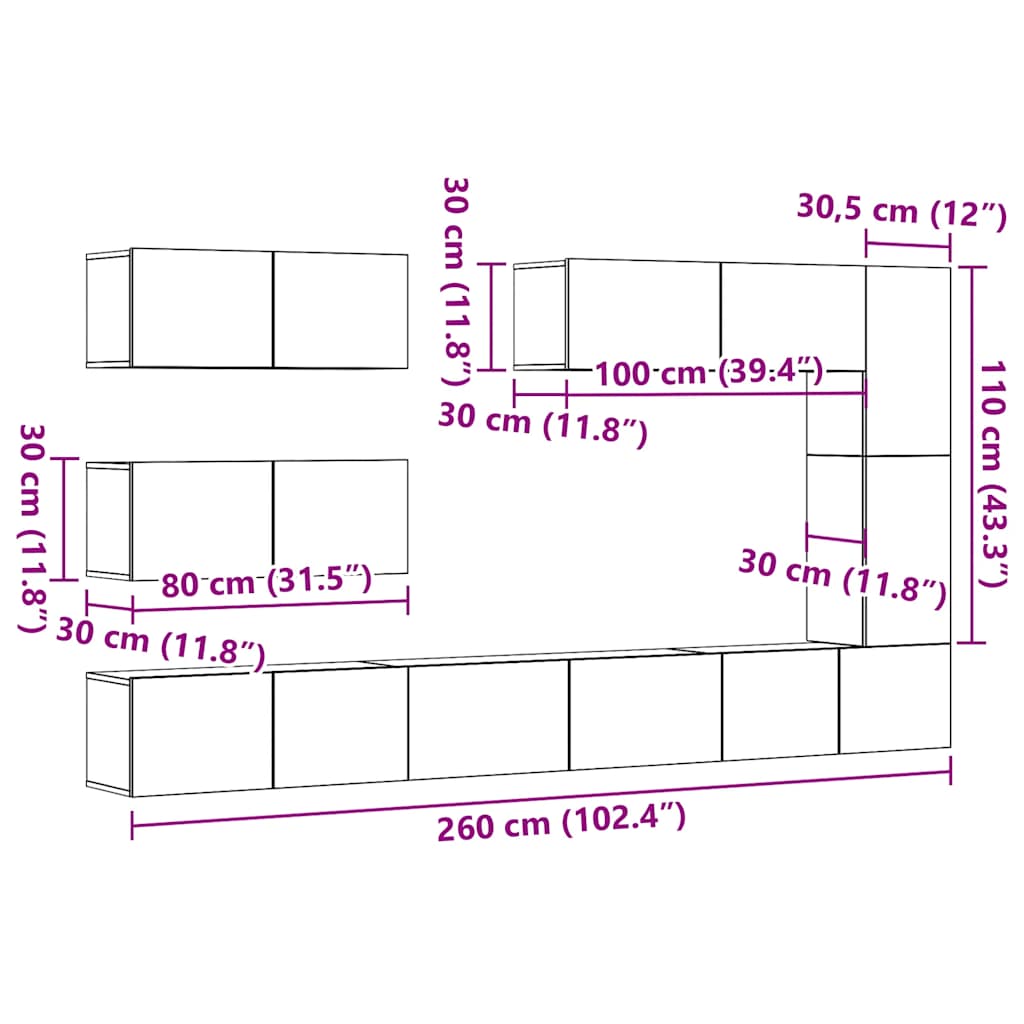 vidaXL 7 Piece TV Cabinet Set Wall-mounted Old Wood Engineered Wood