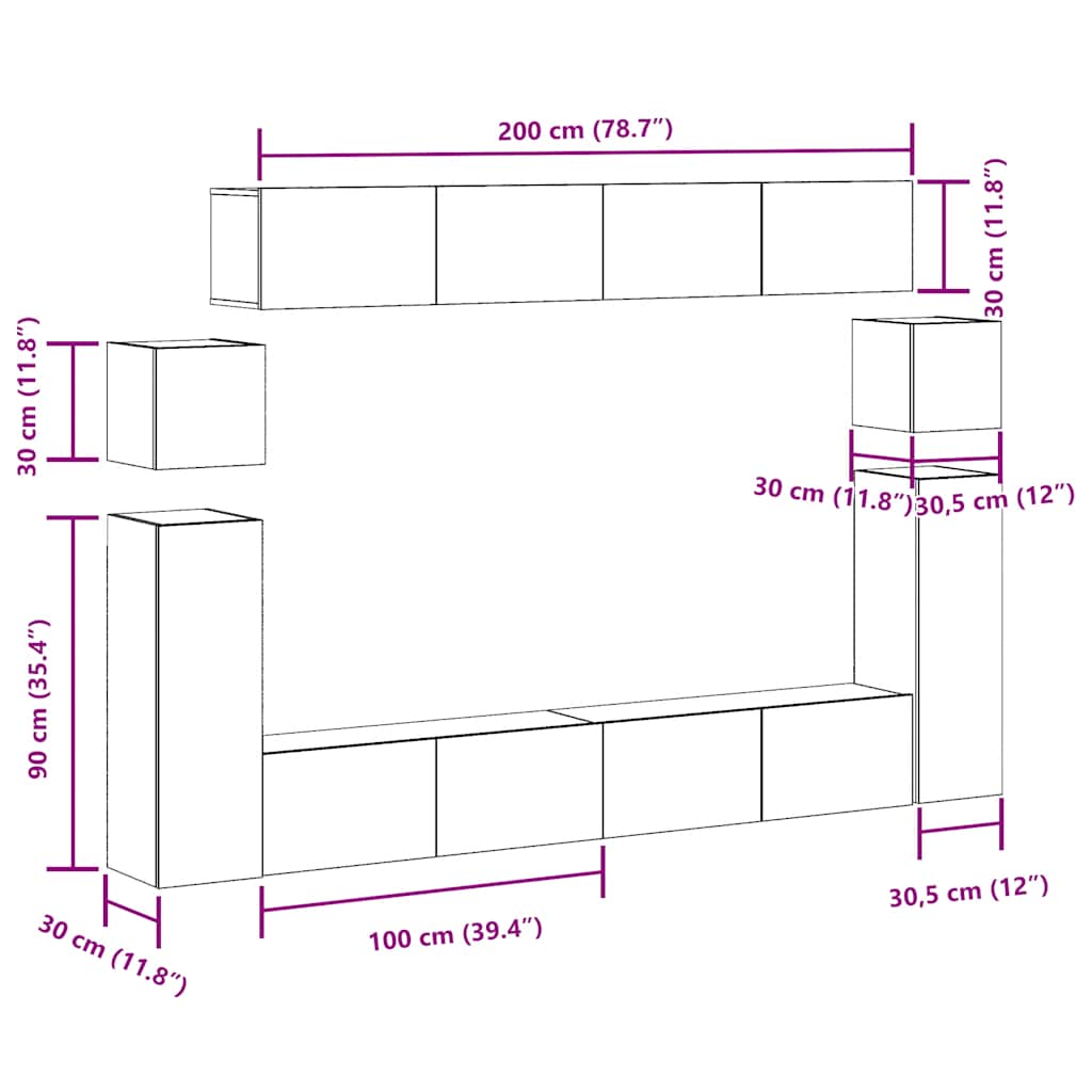 vidaXL 8 Piece TV Cabinet Set Wall-mounted Old Wood Engineered Wood