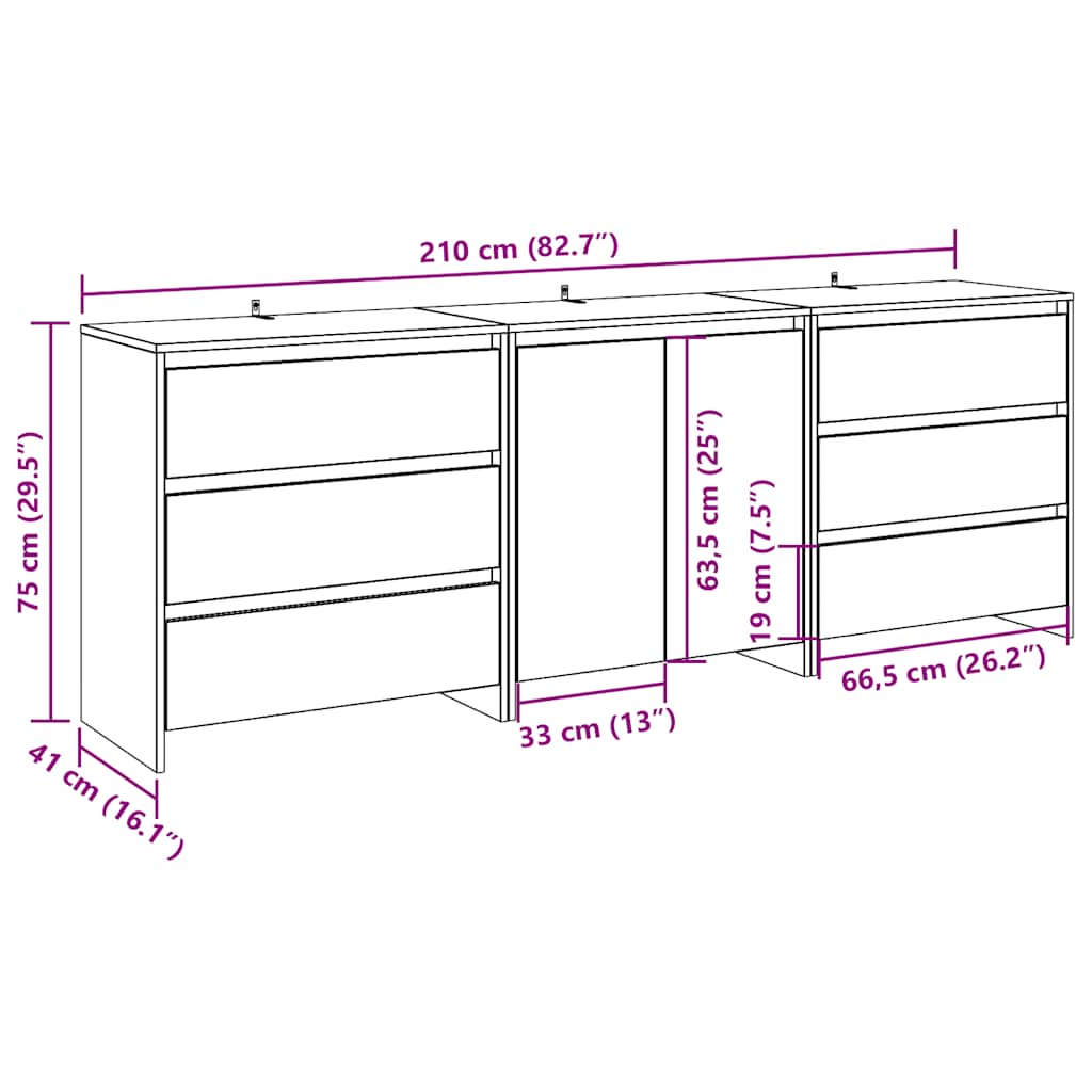 vidaXL 3 Piece Sideboard Artisan Oak Engineered Wood