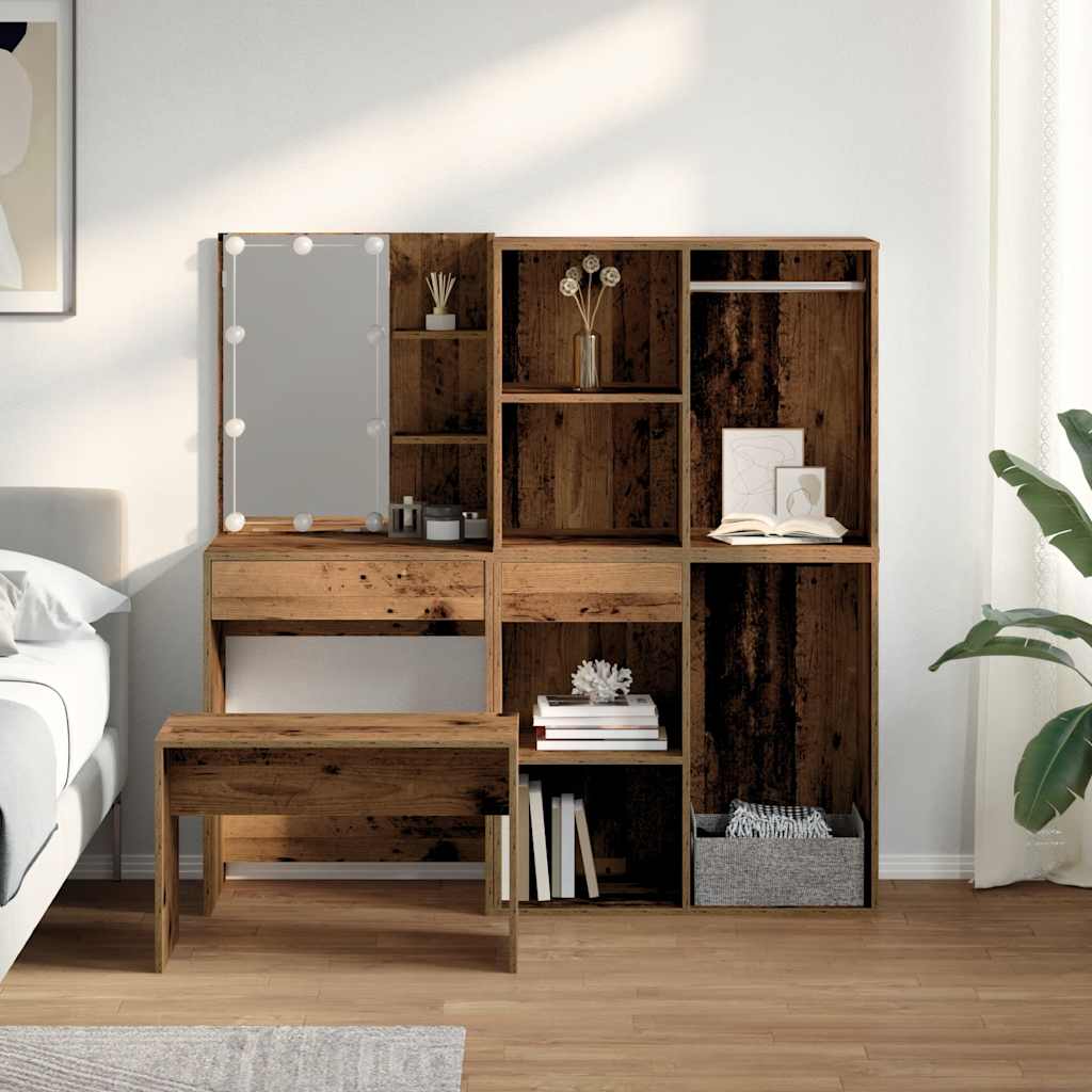 vidaXL Dressing Table Set with LED Old Wood Engineered Wood