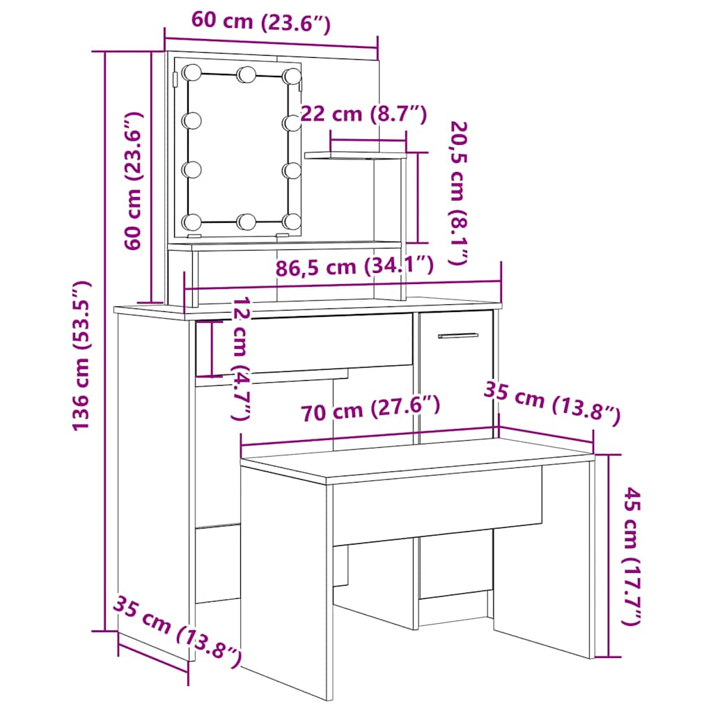 vidaXL Dressing Table Set with LED Artisan Oak Engineered Wood