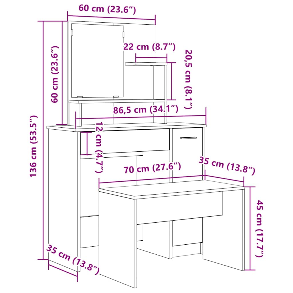 vidaXL Dressing Table Set Artisan Oak Engineered Wood