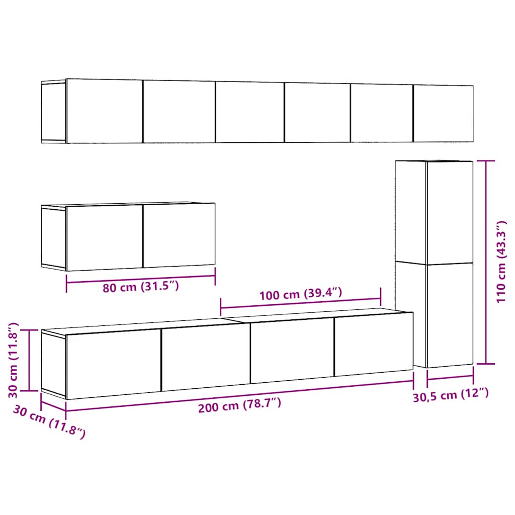 vidaXL 7 Piece TV Cabinet Set Wall-mounted Artisan Oak Engineered Wood