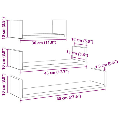 vidaXL Wall Shelves 3 pcs Black Oak Engineered Wood