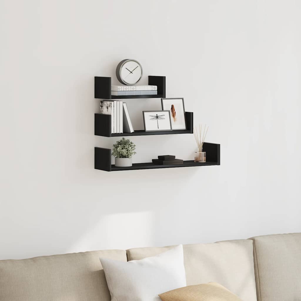 vidaXL Wall Shelves 3 pcs Black Oak Engineered Wood