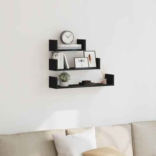 vidaXL Wall Shelves 3 pcs Black Oak Engineered Wood