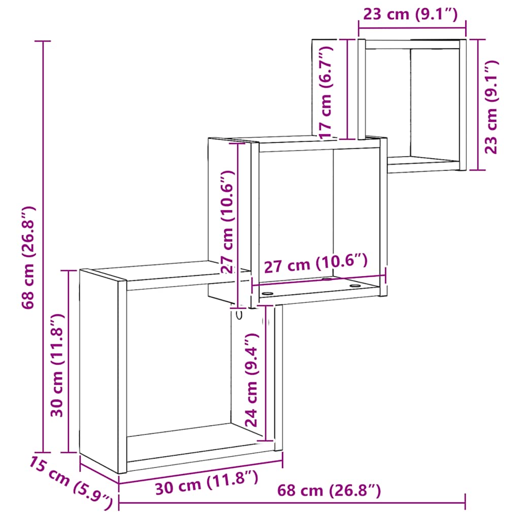 vidaXL Wall Cube Shelves Black Oak 68x15x68 cm Engineered Wood