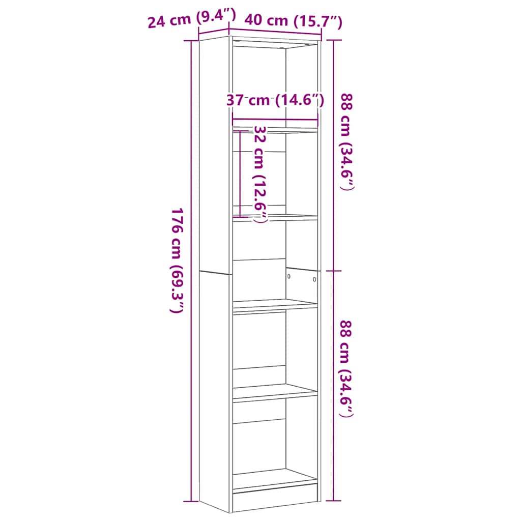 vidaXL Bookcase Black Oak 40x24x176 cm Engineered Wood
