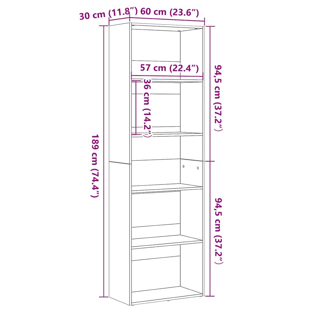vidaXL Bookcase Black Oak 60x30x189 cm Engineered Wood