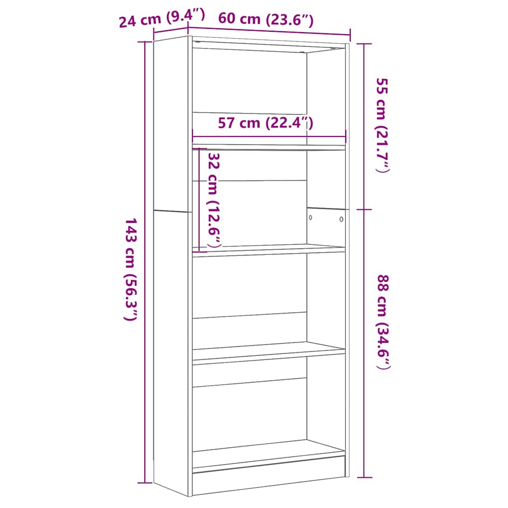 vidaXL Bookshelf 60 x 24 x 143 cm Engineered Wood Black Oak