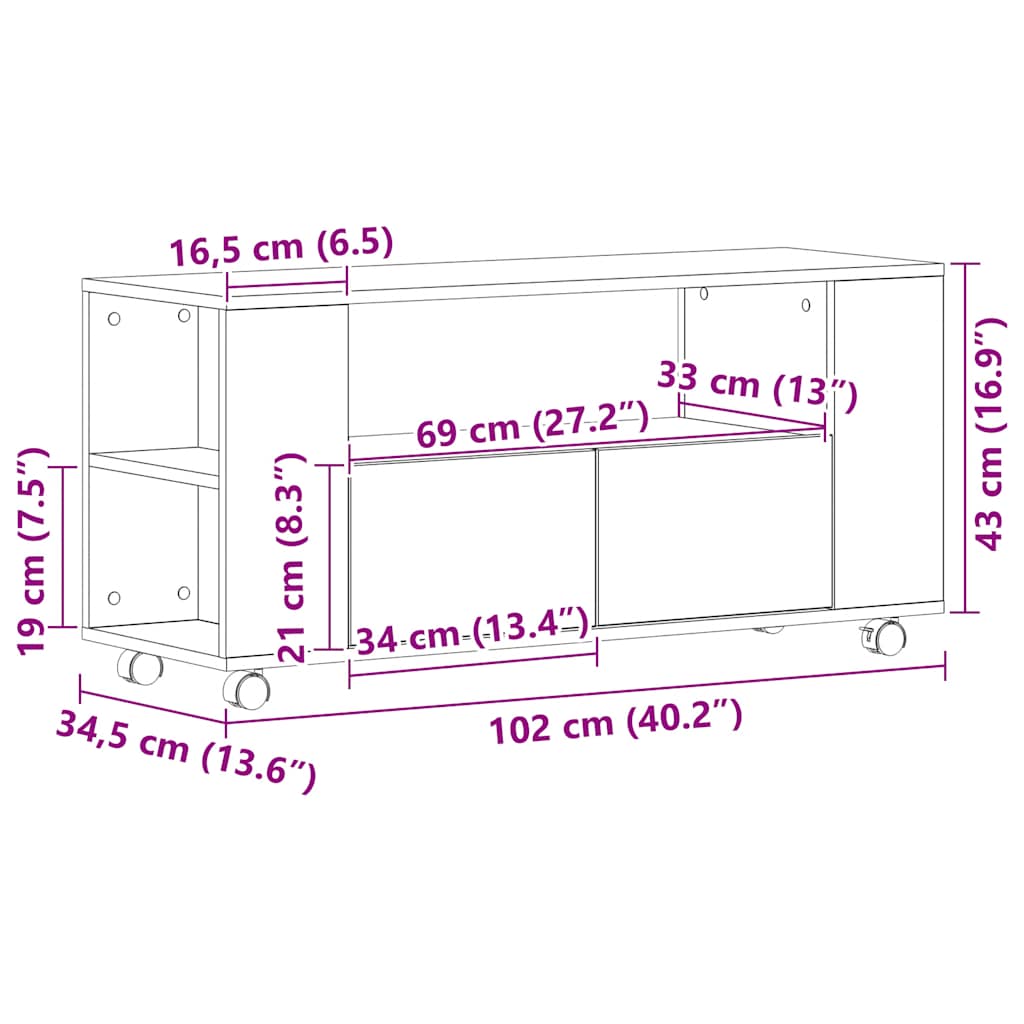 vidaXL TV Cabinet with Wheels Black Oak 102x34.5x43 cm Engineered Wood