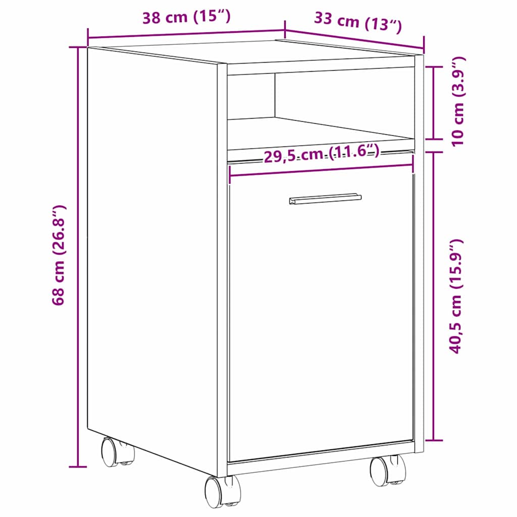 vidaXL Wheeled Side Cabinet Black Oak 33 x 38 x 60 cm Engineered Wood