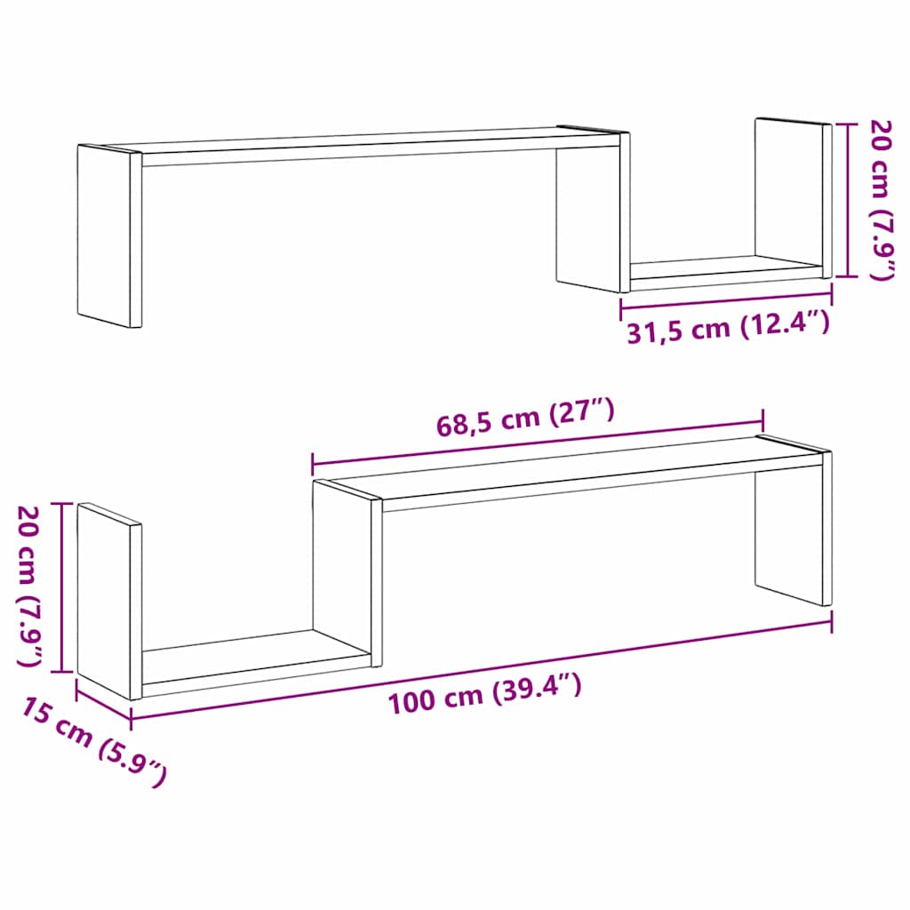 vidaXL Wall Shelf 2 pcs Black Oak 100 x 15 x 20 cm Engineered Wood
