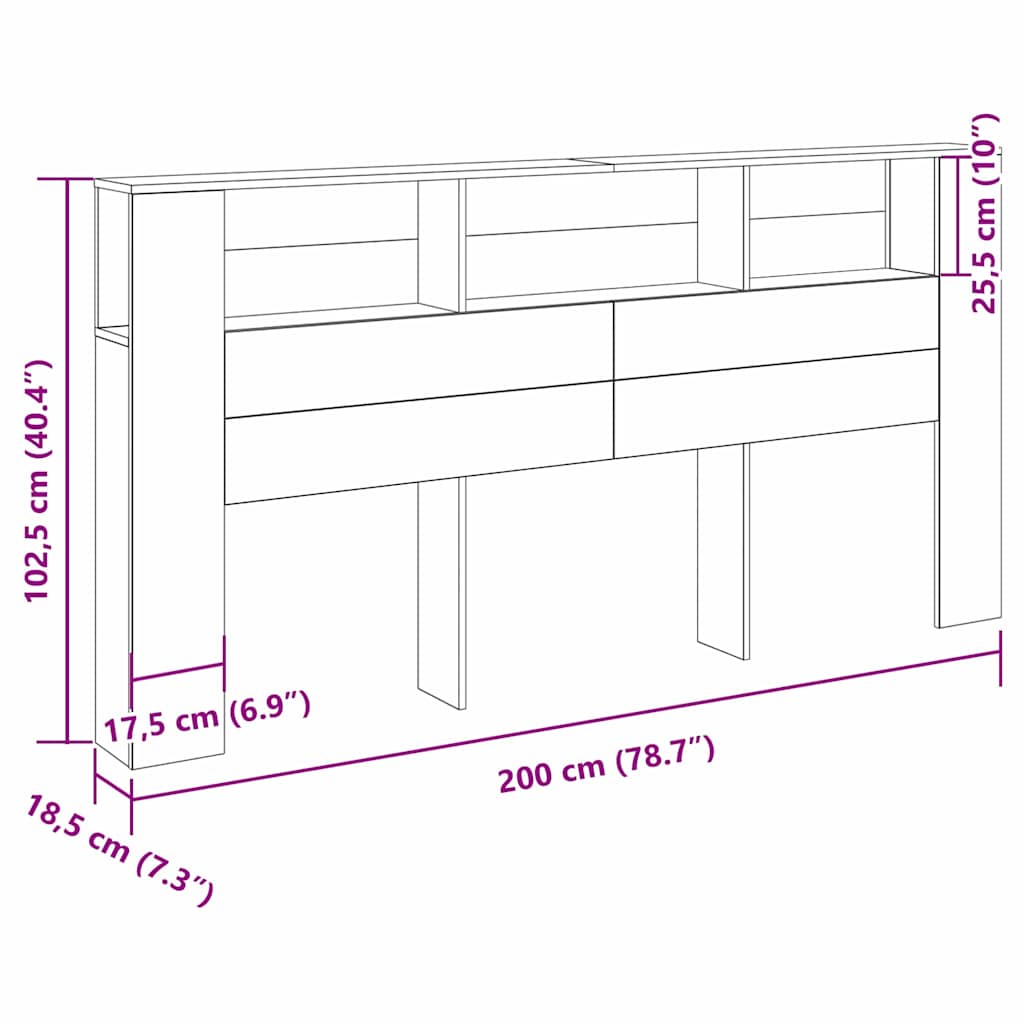 vidaXL Headboard Cabinet with Shelf Black Oak 200 x 18.5 x 102.5 cm
