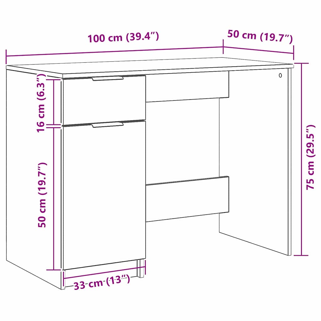 vidaXL Desk with Drawer Black Oak 100 x 50 x 75 cm Engineered Wood
