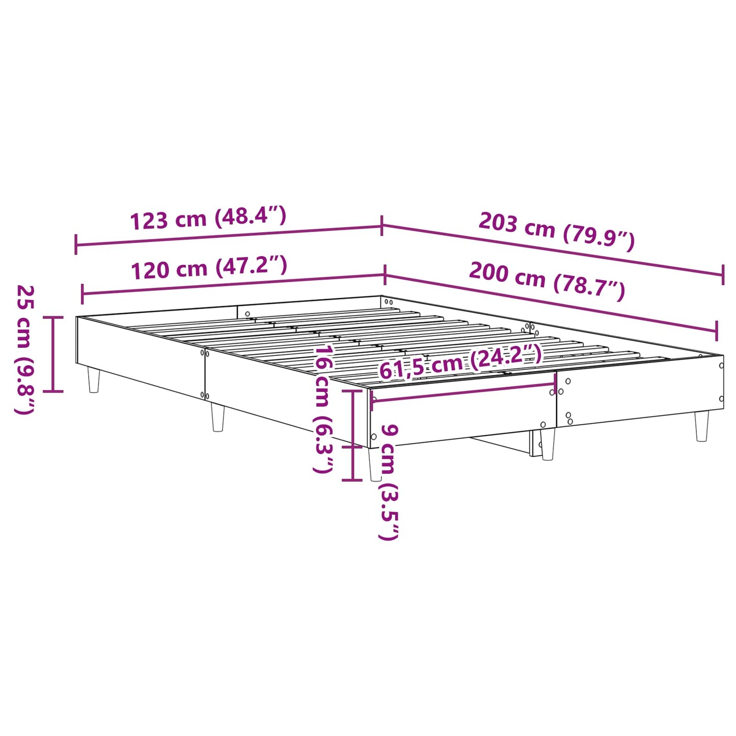 vidaXL Bed Frame Black Oak 203 x 123 x 25 cm Engineered Wood