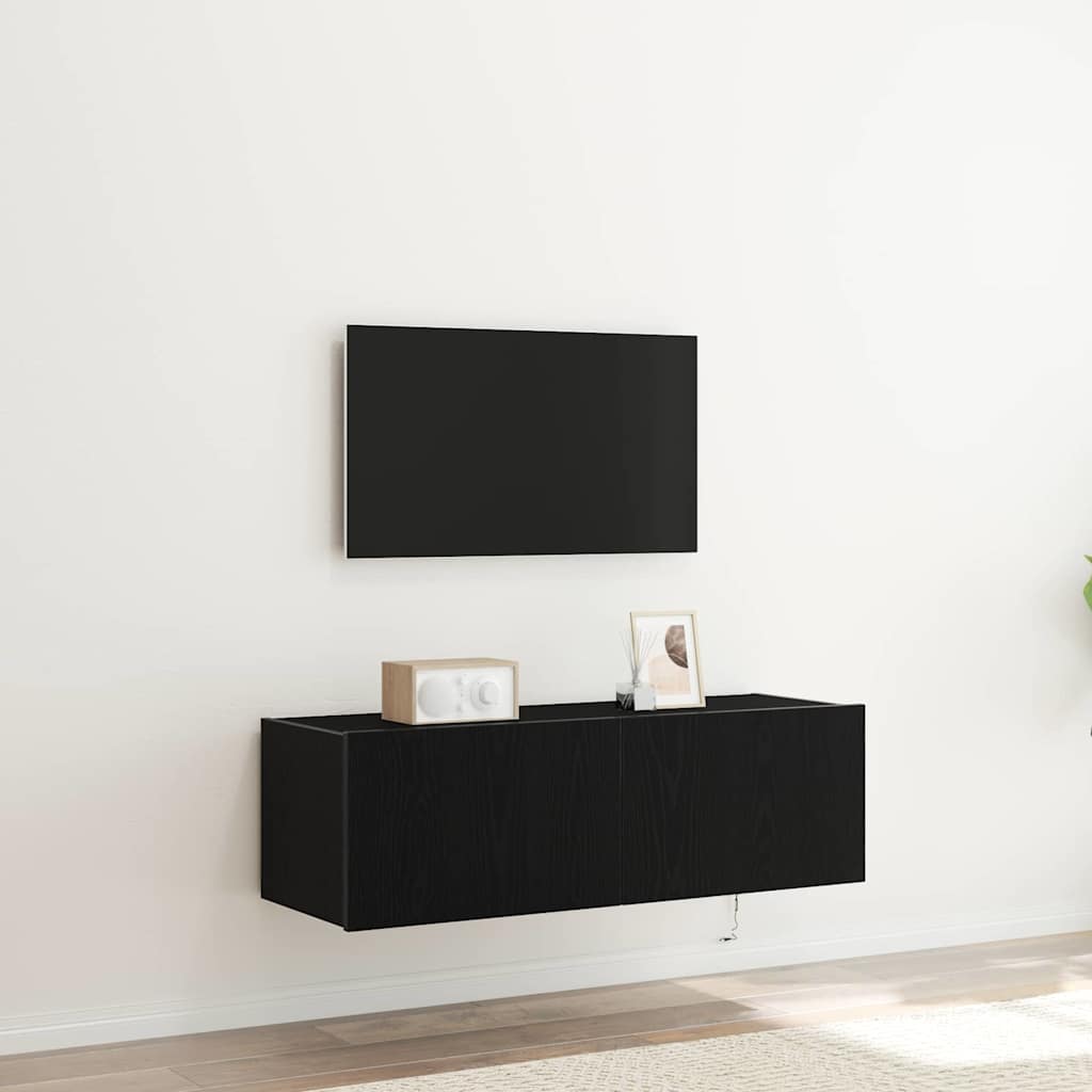vidaXL TV Wall Cabinet with LED 2 pcs Black Oak 100 x 35 x 31 cm