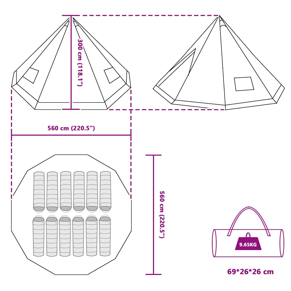 vidaXL Tipi Tent with Roof Grey and Orange 560 x 560 x 300 cm Taffeta