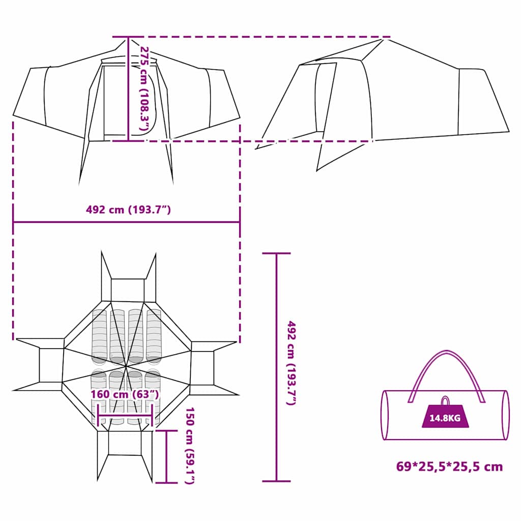 vidaXL Tipi Tent with Roof Green 492 x 492 x 275 cm Taffeta