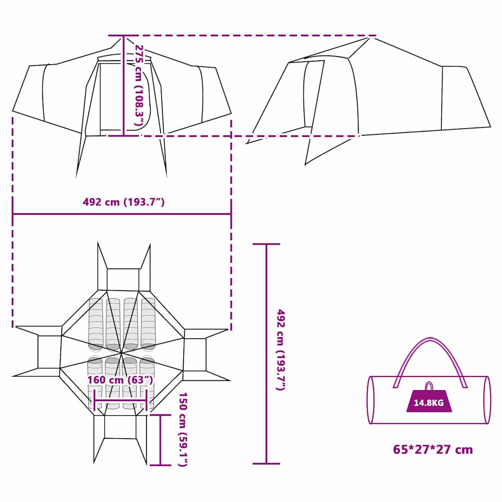 vidaXL Tipi Tent with Roof Grey and Orange 492 x 492 x 275 cm Taffeta