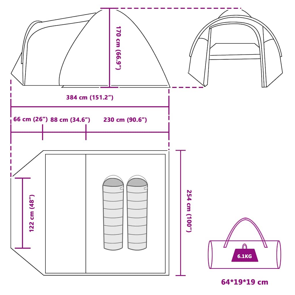 vidaXL Dome Tent Dome with Roof with Storage Green 384 x 254 x 170 cm