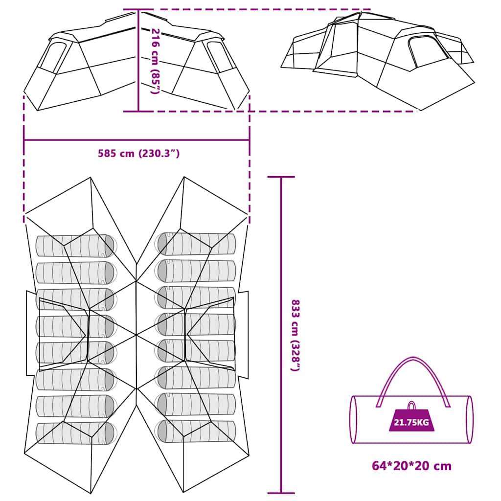 vidaXL Family Tent with Roof Green 833 x 585 x 216 cm Taffeta
