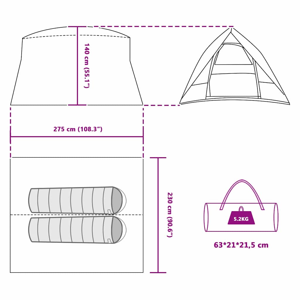 vidaXL Camping Tent with Roof Green 275 x 230 x 140 cm Taffeta