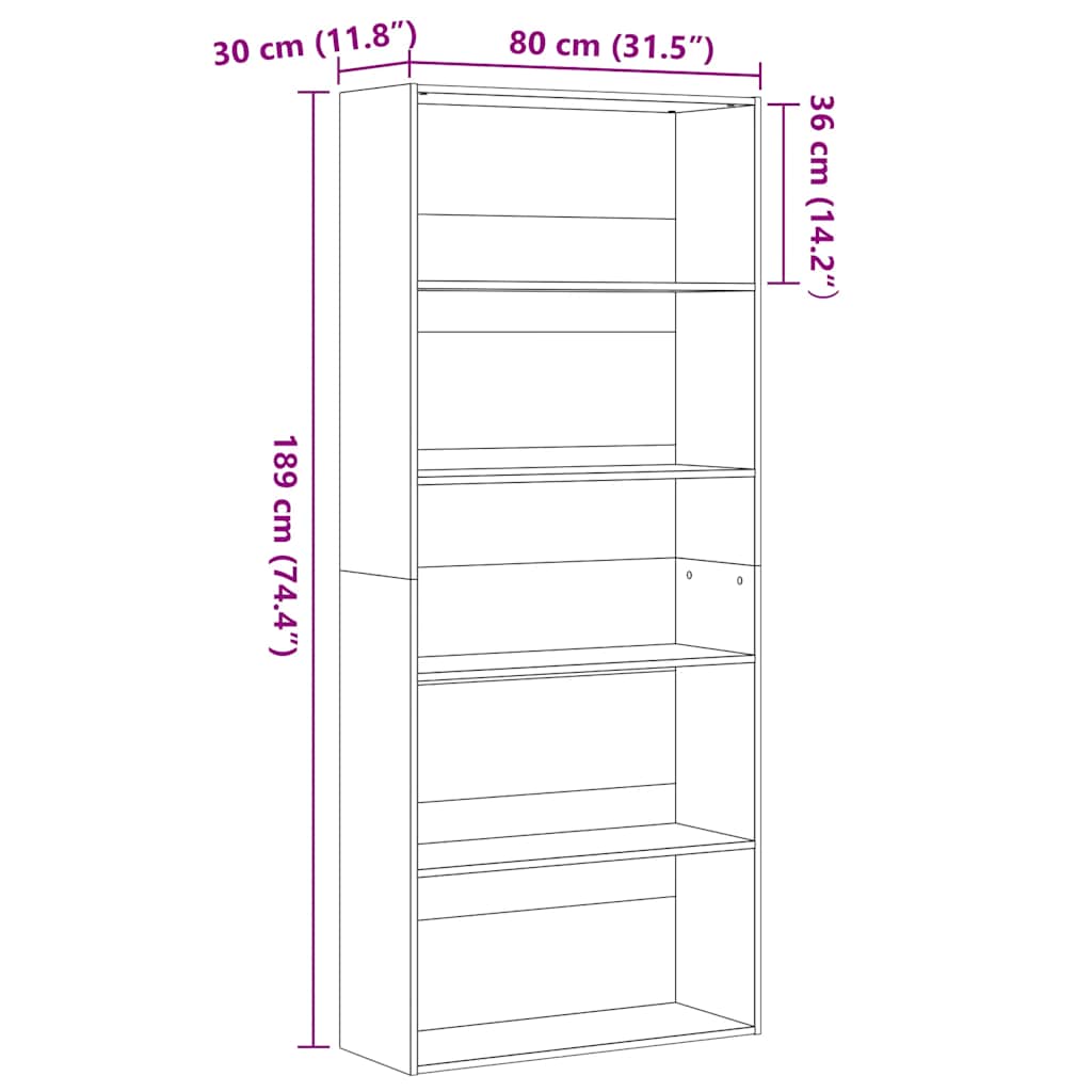 vidaXL Book Cabinet Black Oak 80x30x189 cm Engineered Wood